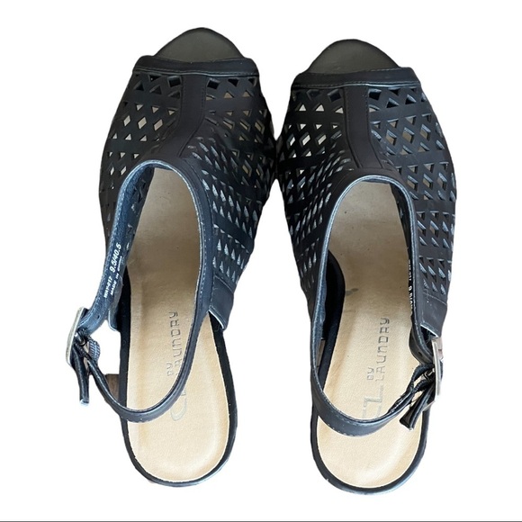 CL By Laundry Peep-Toe Sling-Back Sandals Chic Black Geo Laser Cutout Cone Heels - Picture 6 of 11